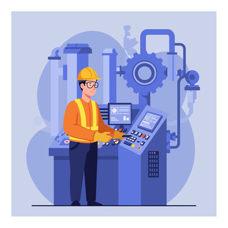A factory worker in a hard hat skillfully adjusts controls on machinery, surrounded by industrial...