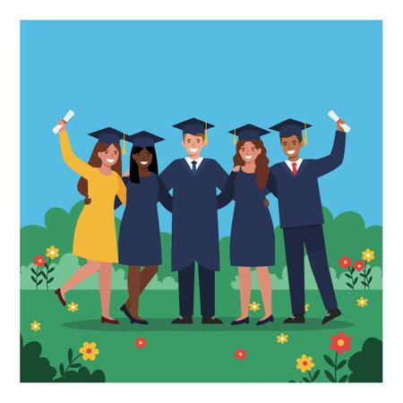 Five graduates in caps and gowns joyfully pose with diplomas in a vibrant garden, radiating happiness and accomplishment.のイラスト素材