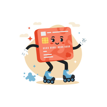 A happy red credit card with limbs roller skates playfully while smiling and waving, creating a joyful atmosphere.のイラスト素材