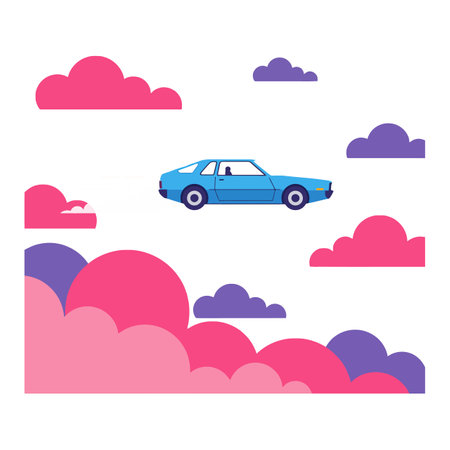 A blue car glides through vibrant pink and purple clouds, evoking a sense of freedom and adventure in a whimsical atmosphere.のイラスト素材