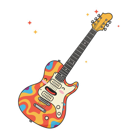 A vibrant electric guitar featuring playful, swirling designs in red, yellow, and blue, radiating a fun and lively atmosphere.のイラスト素材
