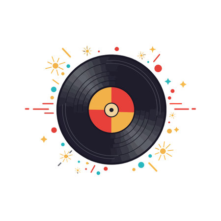A classic black vinyl record with a yellow and red center, accented by playful geometric shapes, evokes a nostalgic and cheerful atmosphere.のイラスト素材