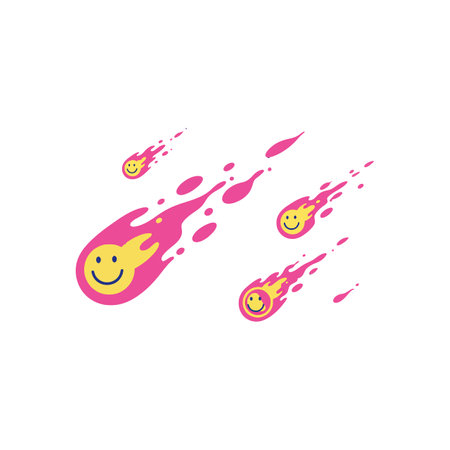 Five vibrant comets with smiley faces zoom across the scene, creating a joyful and energetic atmosphere.のイラスト素材