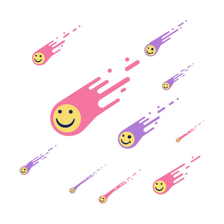 Cheerful comets with smiley faces zoom across a bright background, creating a playful and uplifting atmosphere.のイラスト素材
