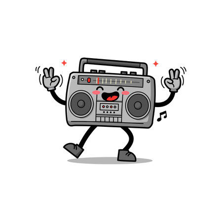 A cheerful boombox with arms and legs dances happily while displaying a friendly expression and music notes around it.のイラスト素材