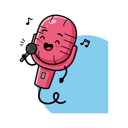 A happy pink microphone with a smiling face sings into a microphone, surrounded by musical notes in a playful atmosphere.のイラスト素材