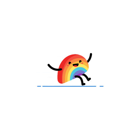 A joyful rainbow character with arms and a smiling face dances playfully, radiating happiness and positivity in a minimalistic style.のイラスト素材