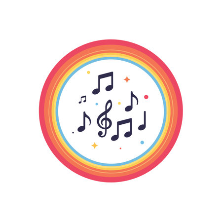 A circle of musical notes floats within a bright rainbow, creating a joyful and harmonious atmosphere.のイラスト素材