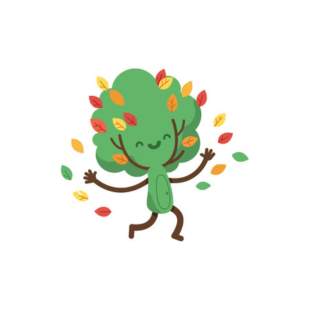 A cheerful green tree character dances joyfully, surrounded by vibrant autumn leaves drifting in the air, conveying a lighthearted and playful mood.のイラスト素材