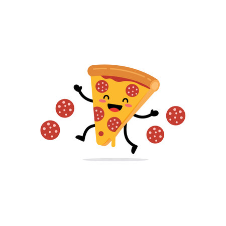 A cheerful pizza slice with arms and a smiling face joyfully dances among scattered pepperoni pieces, creating a playful and fun atmosphere.のイラスト素材