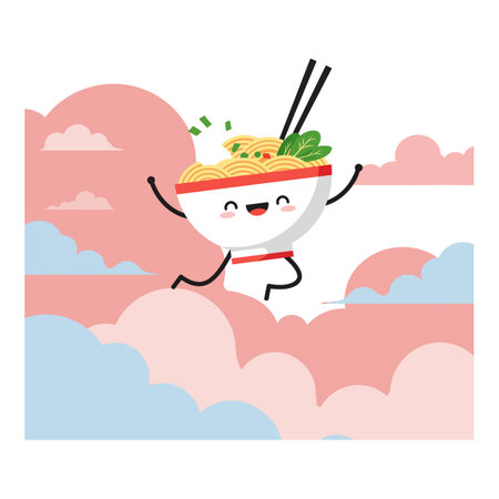 A cheerful bowl of noodles with chopsticks dances joyfully amidst soft, pastel clouds, radiating a whimsical and lighthearted atmosphere.のイラスト素材
