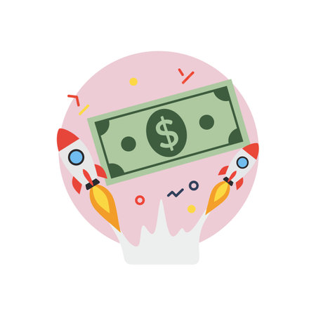 A dollar bill is propelled upward by rocket boosters, surrounded by playful confetti, conveying a sense of excitement and financial growth.のイラスト素材
