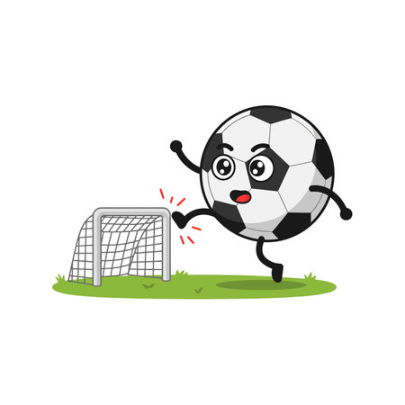 A cheerful soccer ball character playfully kicks towards a goal, embodying excitement and joy in a lively green field.のイラスト素材