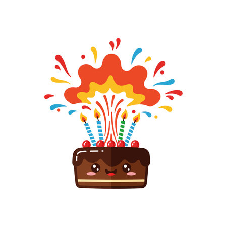 A joyful birthday cake with smiling eyes, colorful candles, and vibrant fireworks bursting above, creating a festive atmosphere.のイラスト素材