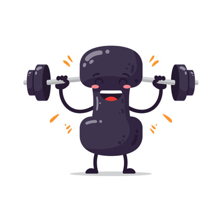A joyful, round character with a smiling face lifts dumbbells, displaying enthusiasm and energy in a playful, vibrant scene.のイラスト素材