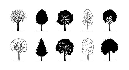 Ten distinct tree silhouettes display a range of forms and leaf patterns, emphasizing their unique characteristics in a minimalist style.のイラスト素材