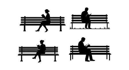 Four silhouettes of people absorbed in reading, seated on benches, creating a calm and reflective atmosphere.のイラスト素材