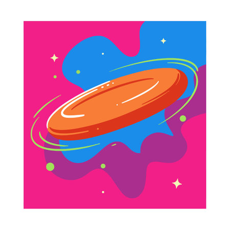A bright orange flying disc hovers in mid-air, surrounded by playful, colorful swirls and stars, evoking a sense of fun and energy.のイラスト素材