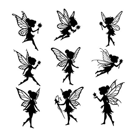A collection of whimsical fairy silhouettes, each showcasing unique poses and delicate wings, evoking a sense of magic and wonder.のイラスト素材