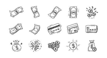 A collection of cash bills, coins, and credit cards displayed in a detailed vector illustration, representing finance and transactions.のイラスト素材