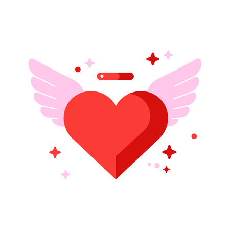 A vibrant red heart with stylized wings and sparkling elements, exuding a playful and whimsical tone in this flat vector illustration.のイラスト素材