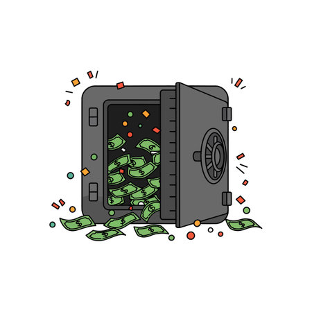 A secure safe bursts open, revealing stacks of cash and vibrant confetti, creating a festive and celebratory atmosphere.のイラスト素材