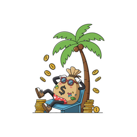 A cheerful money bag with sunglasses lounges in a chair surrounded by coins and a palm tree, exuding a carefree vibe.のイラスト素材