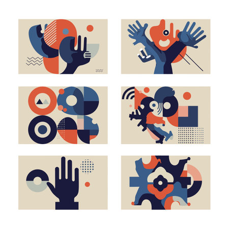 A collection of abstract hand illustrations and geometric shapes in vibrant colors, depicting creativity and modern art aesthetics.のイラスト素材