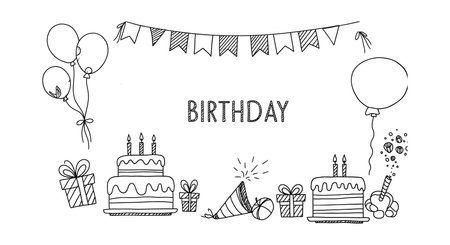 A cheerful birthday scene featuring two cakes, colorful balloons, gifts, and a festive banner, all illustrated in a minimal vector style.のイラスト素材