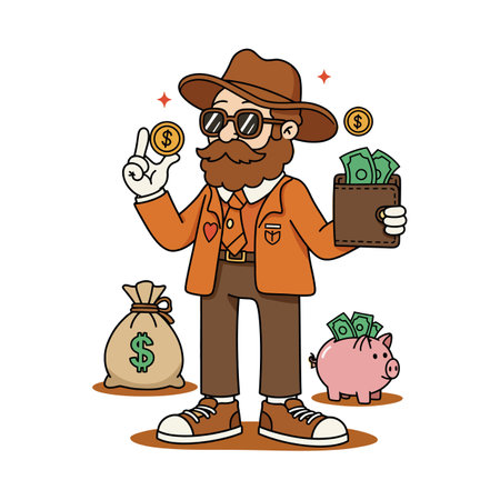 A stylish man in an orange outfit joyfully displays cash from his wallet, surrounded by a money bag and a piggy bank, exuding prosperity.のイラスト素材