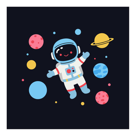 A cheerful astronaut drifts through space, smiling amidst vibrant planets and stars, creating a whimsical and joyful atmosphere.のイラスト素材