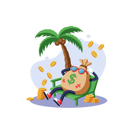 A cheerful money bag wearing sunglasses lounges on a green bench, surrounded by gold coins and a palm tree, exuding a relaxed vacation vibe.のイラスト素材