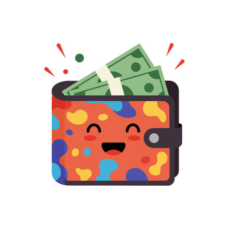 A cheerful wallet bursts with green cash, featuring vibrant colors and a playful design, conveying a sense of joy and abundance.のイラスト素材