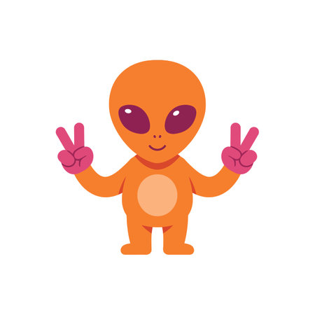 A cheerful orange alien with large eyes and a round body joyfully poses with peace signs, radiating a friendly and whimsical atmosphere.のイラスト素材