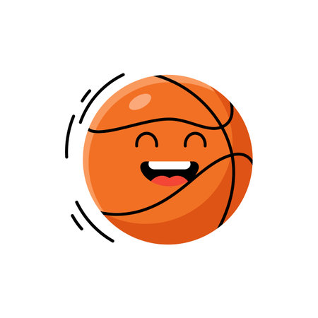 A cheerful basketball with a smiling face spins energetically, radiating happiness and enthusiasm in a vibrant, engaging atmosphere.のイラスト素材