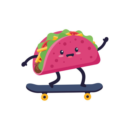A happy taco with arms and legs skates confidently on a skateboard, radiating joy and fun in a colorful, whimsical scene.のイラスト素材