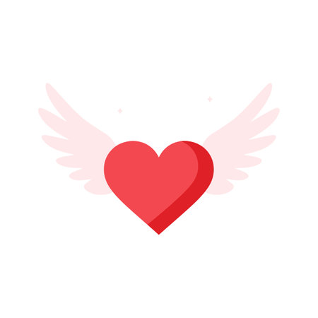 A bright red heart with soft angel wings floats gently, embodying themes of love and protection in a cheerful atmosphere.のイラスト素材