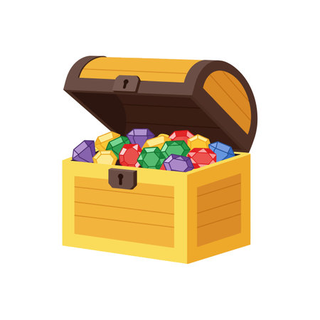 A vibrant treasure chest opens wide, revealing an array of colorful gemstones, creating a sense of adventure and excitement.のイラスト素材