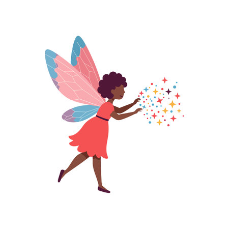 A cheerful fairy in a pink dress playfully spreads colorful sparkles from her hands, creating a magical atmosphere.のイラスト素材