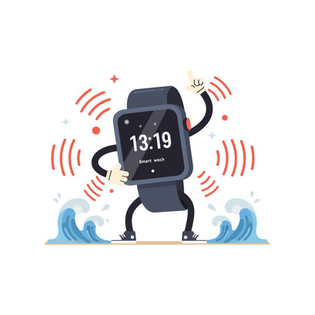 A whimsical smartwatch with legs and arms joyfully moves in rhythm, surrounded by stylized waves and sound waves, conveying a fun and energetic atmosphere.のイラスト素材
