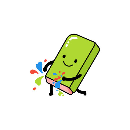 A cheerful green eraser character joyfully runs while splattering vibrant paint droplets in a playful, artistic scene.のイラスト素材