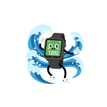 A playful smartwatch with a smiling face energetically dances among stylized waves, creating a fun and lively atmosphere.のイラスト素材