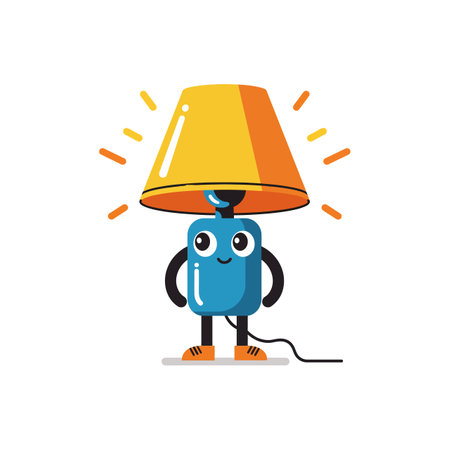 A playful lamp character with a bright yellow shade and blue base stands energetically, radiating positivity and creativity in a minimalist design.のイラスト素材
