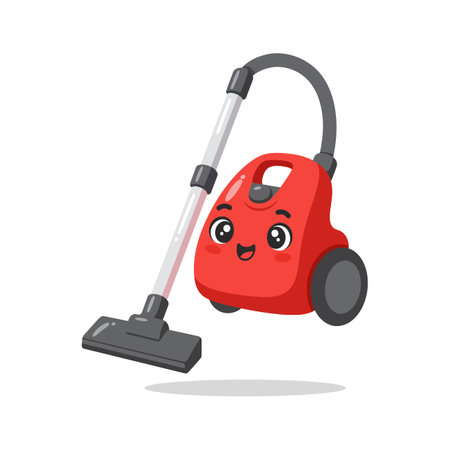 A playful red vacuum cleaner with big eyes and a smile floats above the ground, exuding a fun and friendly atmosphere.のイラスト素材