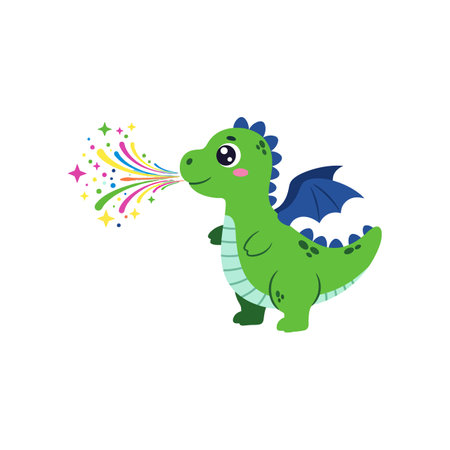 A cute green dragon with blue wings joyfully exhales vibrant sparkles, creating a whimsical and lively atmosphere.のイラスト素材