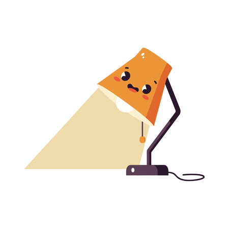 A whimsical desk lamp with a friendly expression shines its light warmly across a tidy workspace, creating a cozy atmosphere.のイラスト素材