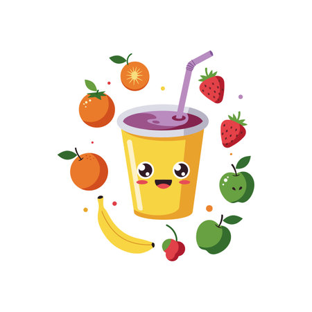 A smiling yellow smoothie cup with a straw is playfully surrounded by fresh oranges, strawberries, green apples, a banana, and cherries, creating a joyful atmosphere.のイラスト素材