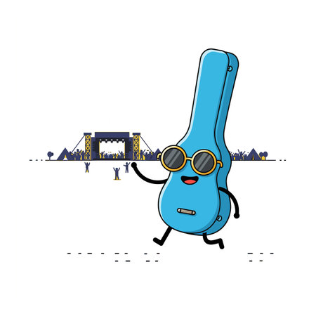A cheerful blue guitar character with sunglasses strolls towards a lively music festival stage, exuding excitement and fun in a playful atmosphere.のイラスト素材