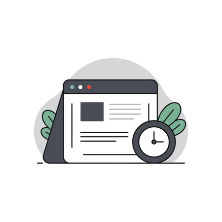 A sleek laptop displays digital information next to a round clock, surrounded by soft green leaves, creating a serene atmosphere.のイラスト素材