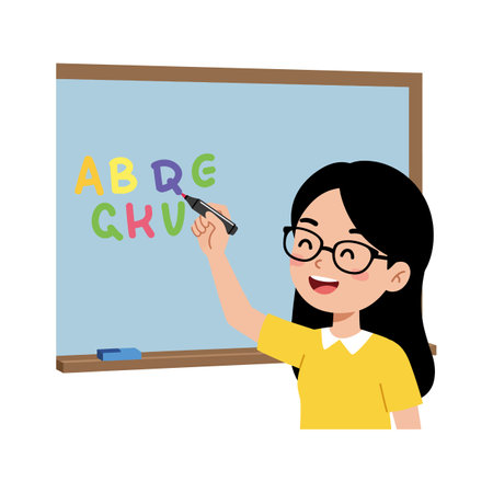 A smiling girl in a yellow shirt enthusiastically writes letters on a blue chalkboard, creating an engaging and lively classroom atmosphere.のイラスト素材